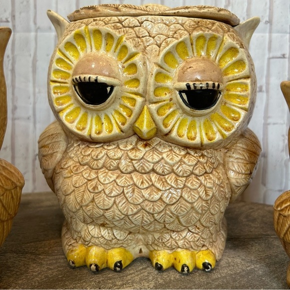 Vintage Double Sided Face Owl Set Of 3 OWL-SITTRE ‘79 Cookie Jar Canister - Picture 6 of 10